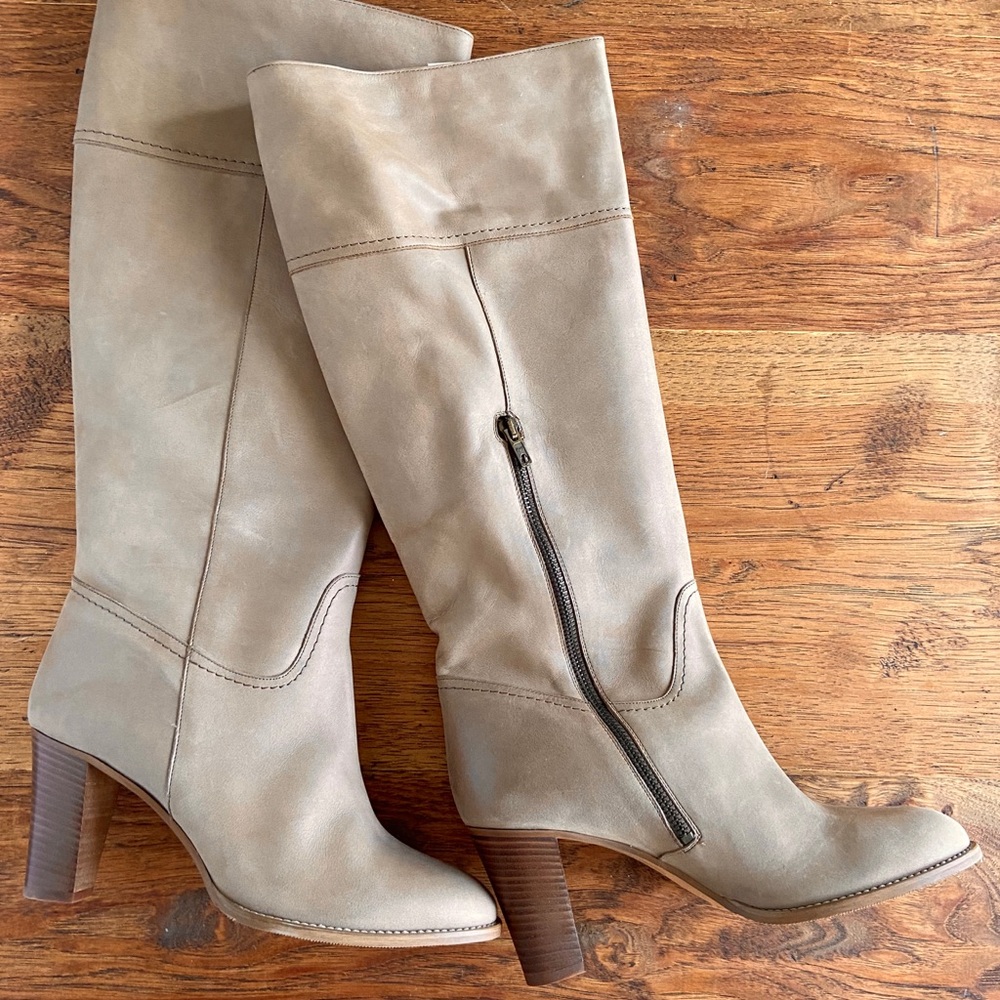 JCrew stack-heeled boots, extended calf.